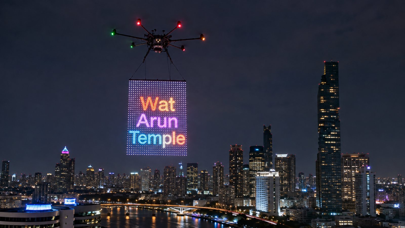 LOOK Ads Airscreen จอ LED บินด้วยโดรนเหนือวัดอรุณและ skyline กรุงเทพ